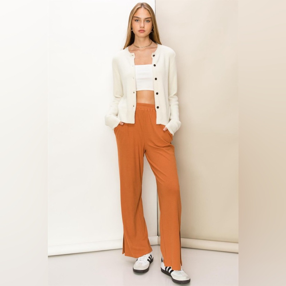 226B-RUST Ribbed Slit Side Wide Let Pants - Picture 2 of 5